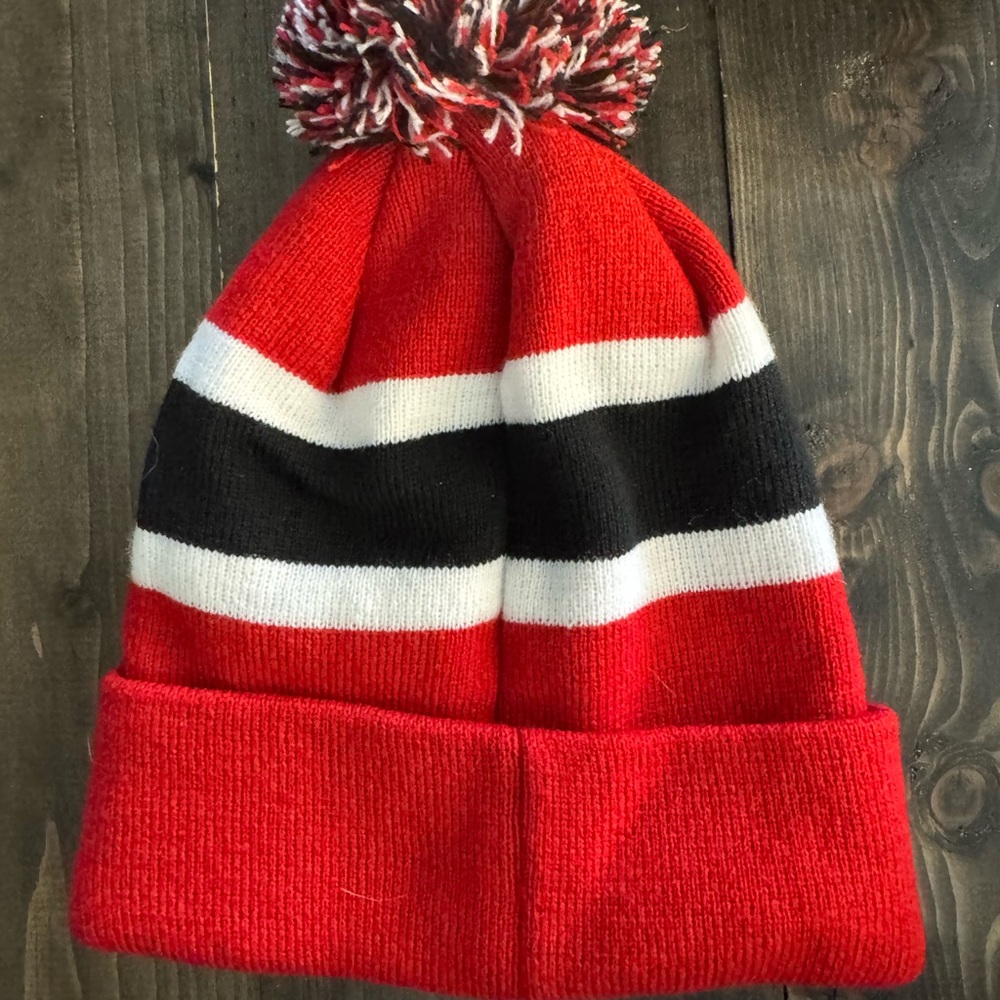 Ohio State Buckeyes Pom Beanie Adult | Red Striped Knit Hat OSU - Picture 2 of 2